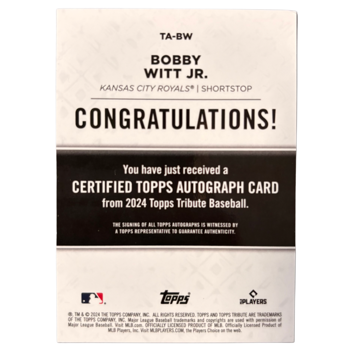 BOBBY WITT JR - 2024 Topps Tribute /150 Auto