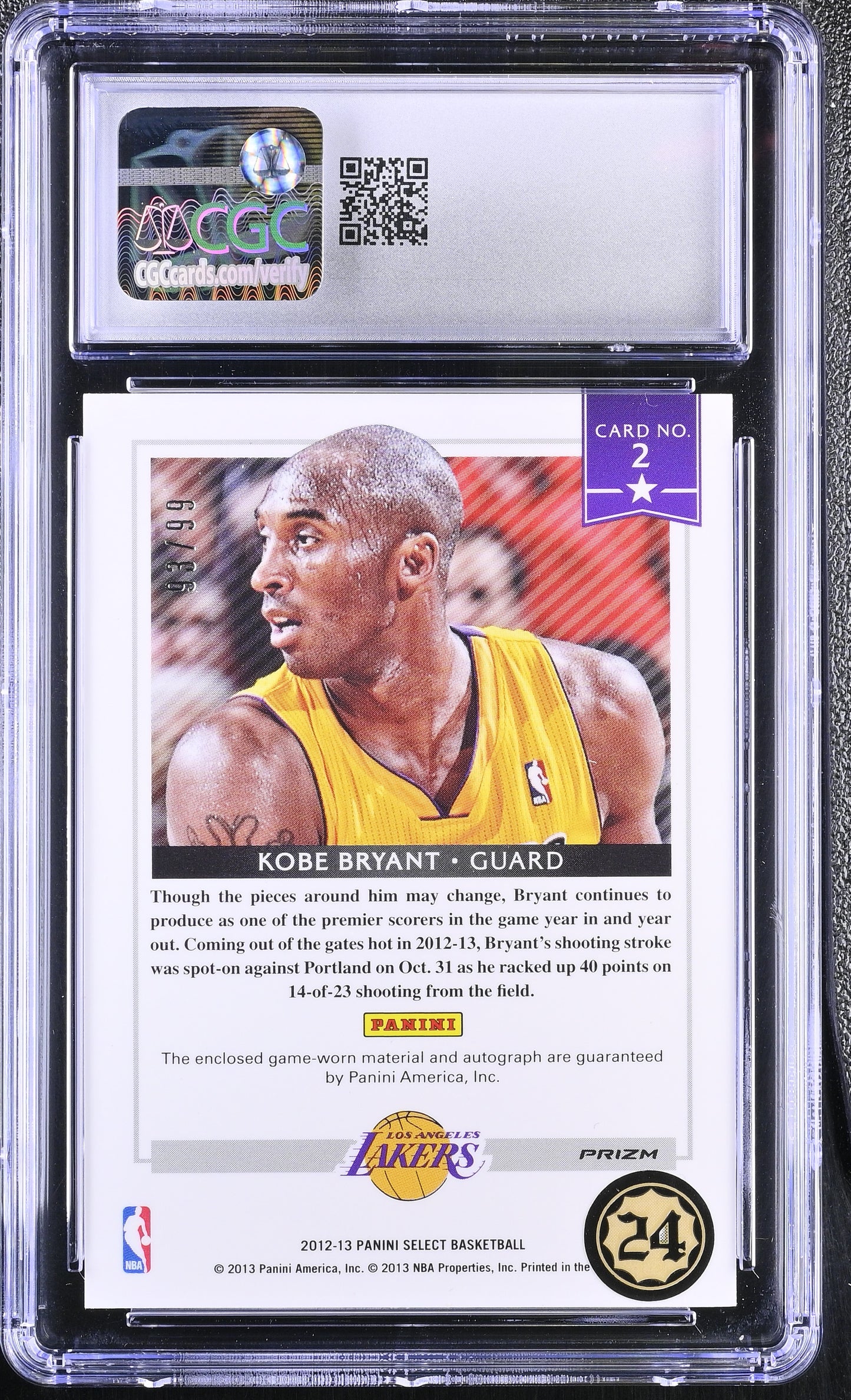KOBE BRYANT - 2012/13 Select Silver /99 Game Worn Patch CGC 9 Auto 10
