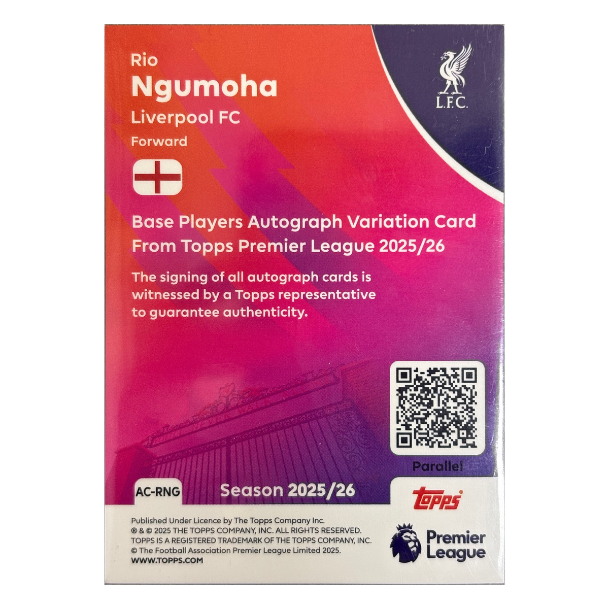 Rio Ngumoha 2025/26 Topps Premier League Blue Auto RC /150 #AC-RNG, 023/150 — back