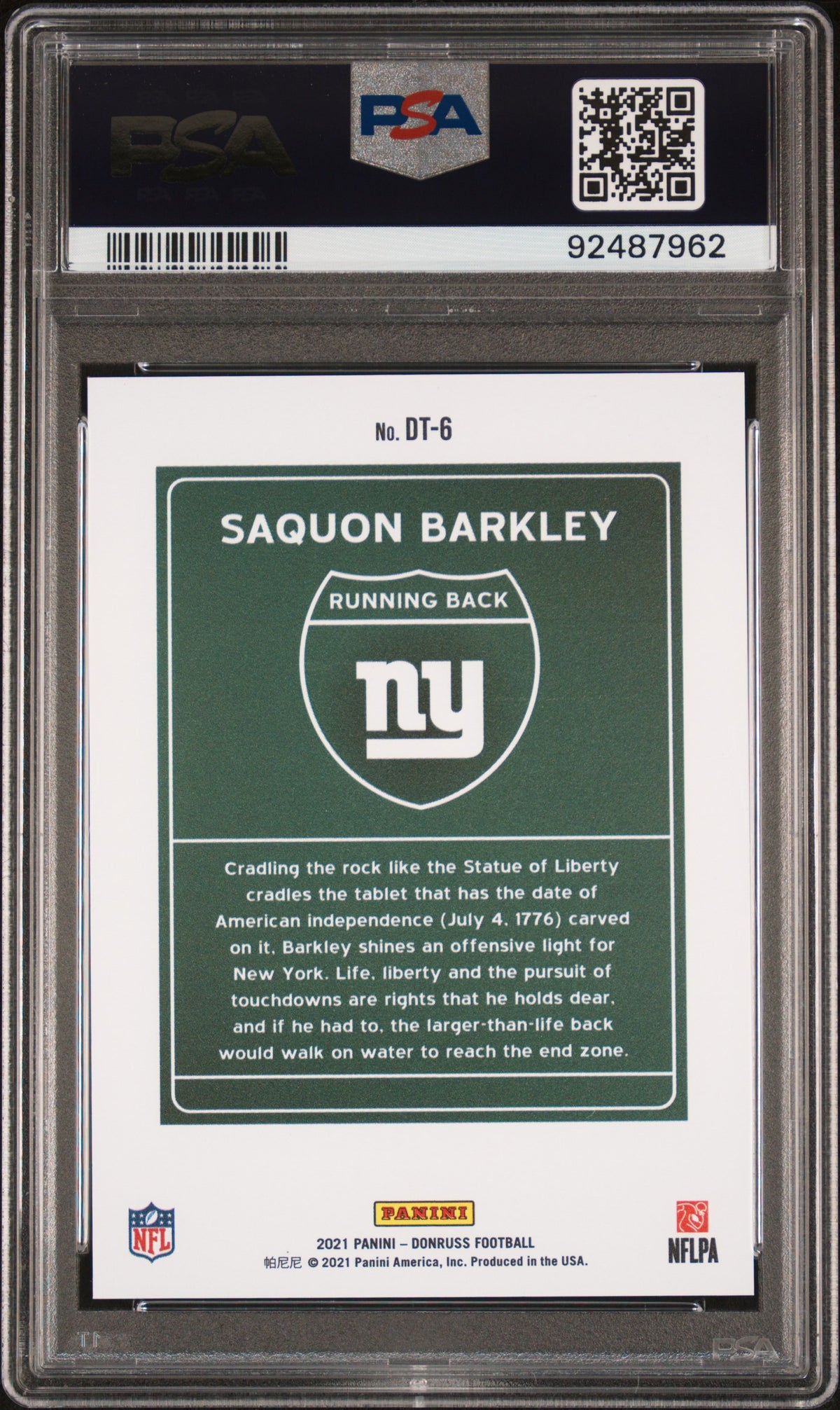 Saquon Barkley 2021 Panini Donruss Downtown #DT-6 PSA 10 cert 92487962 — back PSA scan