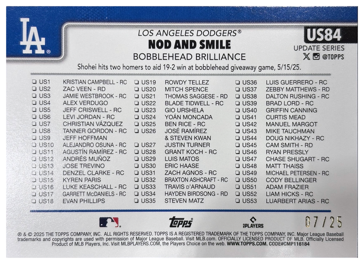 SHOHEI OHTANI - 2025 Topps Update Series Nod and Smile Orange Rainbow Foil #US84 /25 - retro