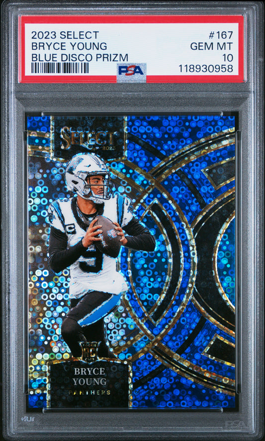 BRYCE YOUNG - 2023 Select Blue Disco Prizm /25 RC PSA 10 (Pop 8)