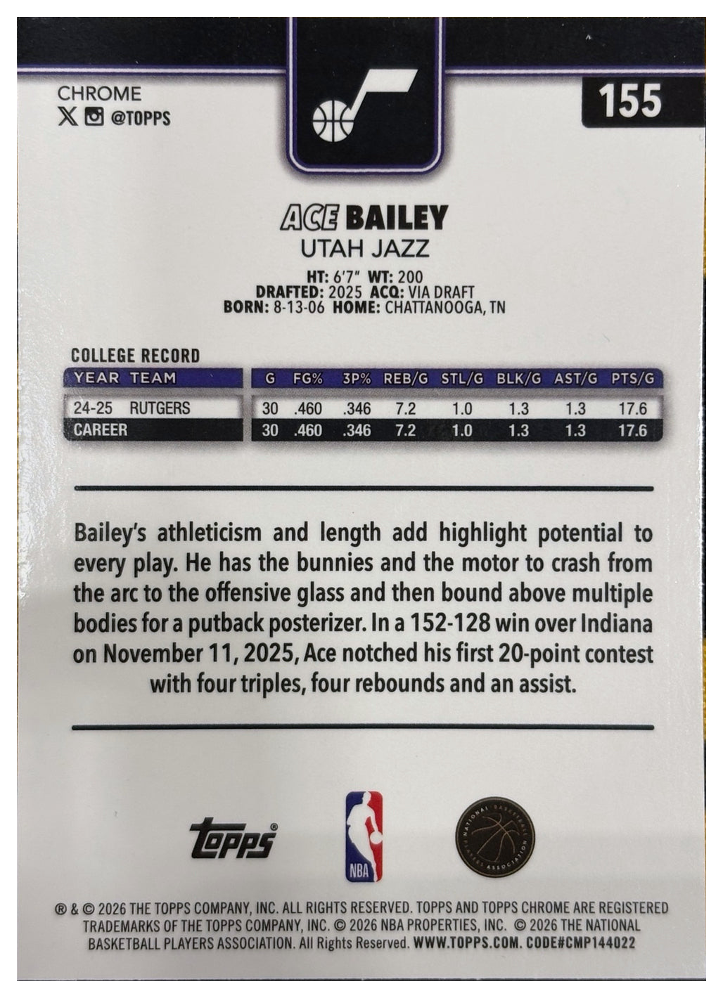ACE BAILEY - 2025/26 Topps Chrome Update Sapphire NBA RC #155 - retro