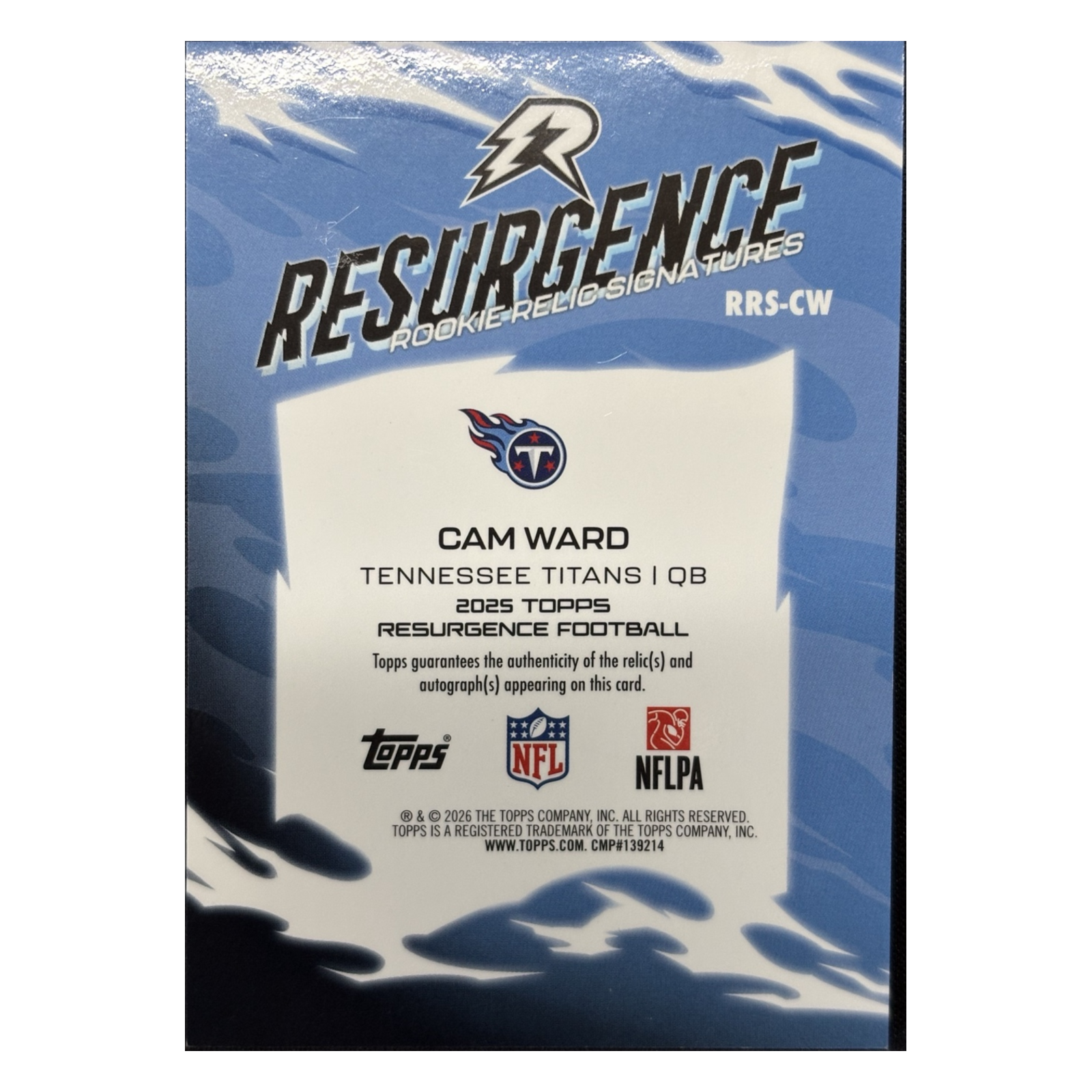 Cam Ward 2025 Topps Resurgence Rookie Relic Signatures RRS-CW back