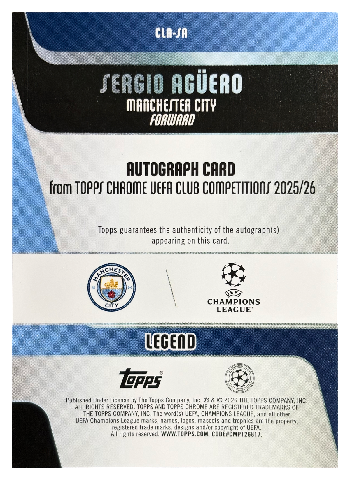 SERGIO AGÜERO - 2025/26 Topps Chrome UEFA Club Competitions Red Geometric Auto #CLA-SA /5 - back