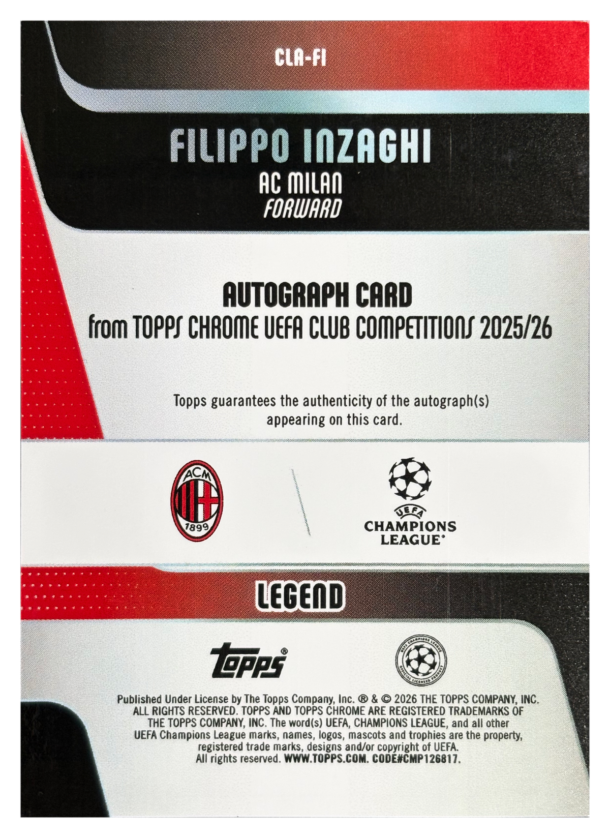 FILIPPO INZAGHI - 2025/26 Topps Chrome UEFA Club Competitions Black Starball Auto #CLA-FI /10 - back