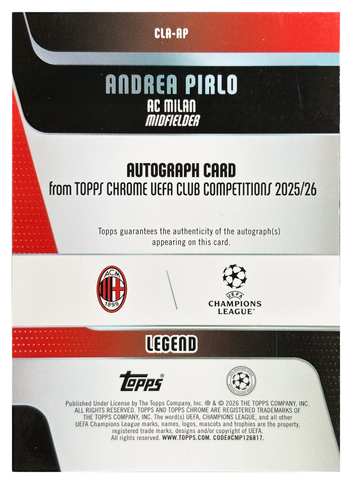 ANDREA PIRLO - 2025/26 Topps Chrome UEFA Club Competitions Black Refractor Auto #CLA-AP /10 - back