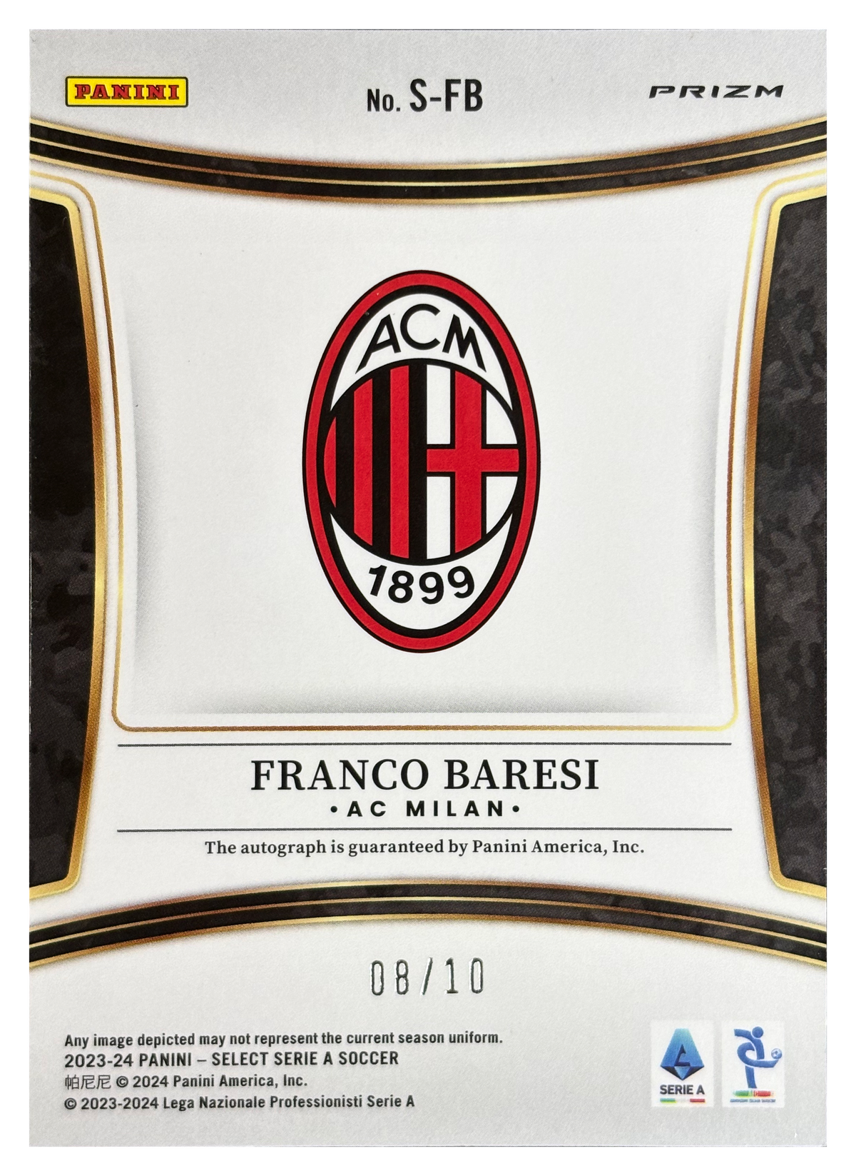 FRANCO BARESI - 2023/24 Panini Select Serie A Gold Prizm Auto #S-FB /10 - back