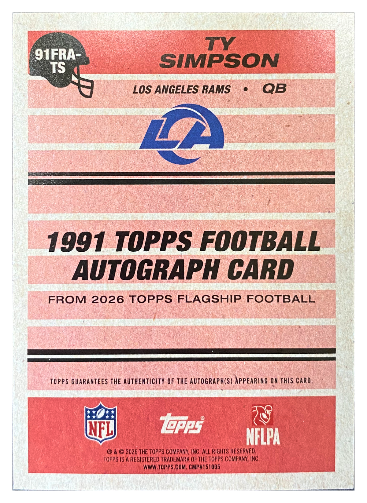 TY SIMPSON - 2026 Topps Football 1991 Topps Autograph RC #91FRA-TS - back
