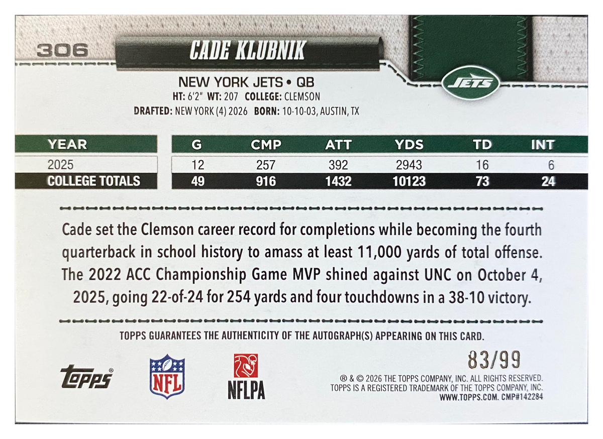 CADE KLUBNIK - 2026 Topps Football Green Auto RC #306 /99 - back