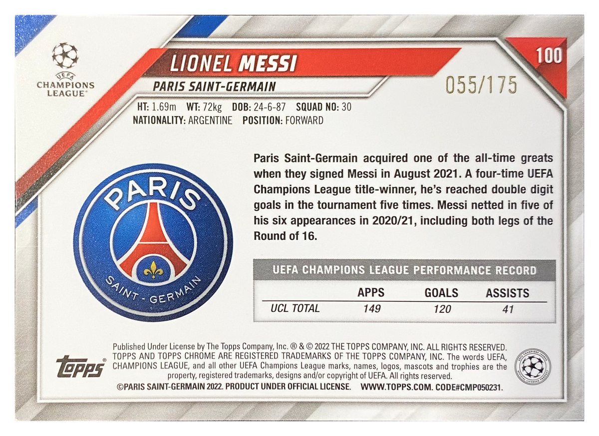 LIONEL MESSI - 2021/22 Topps Chrome UEFA Champions League Pink Refractor #100 /175 - back