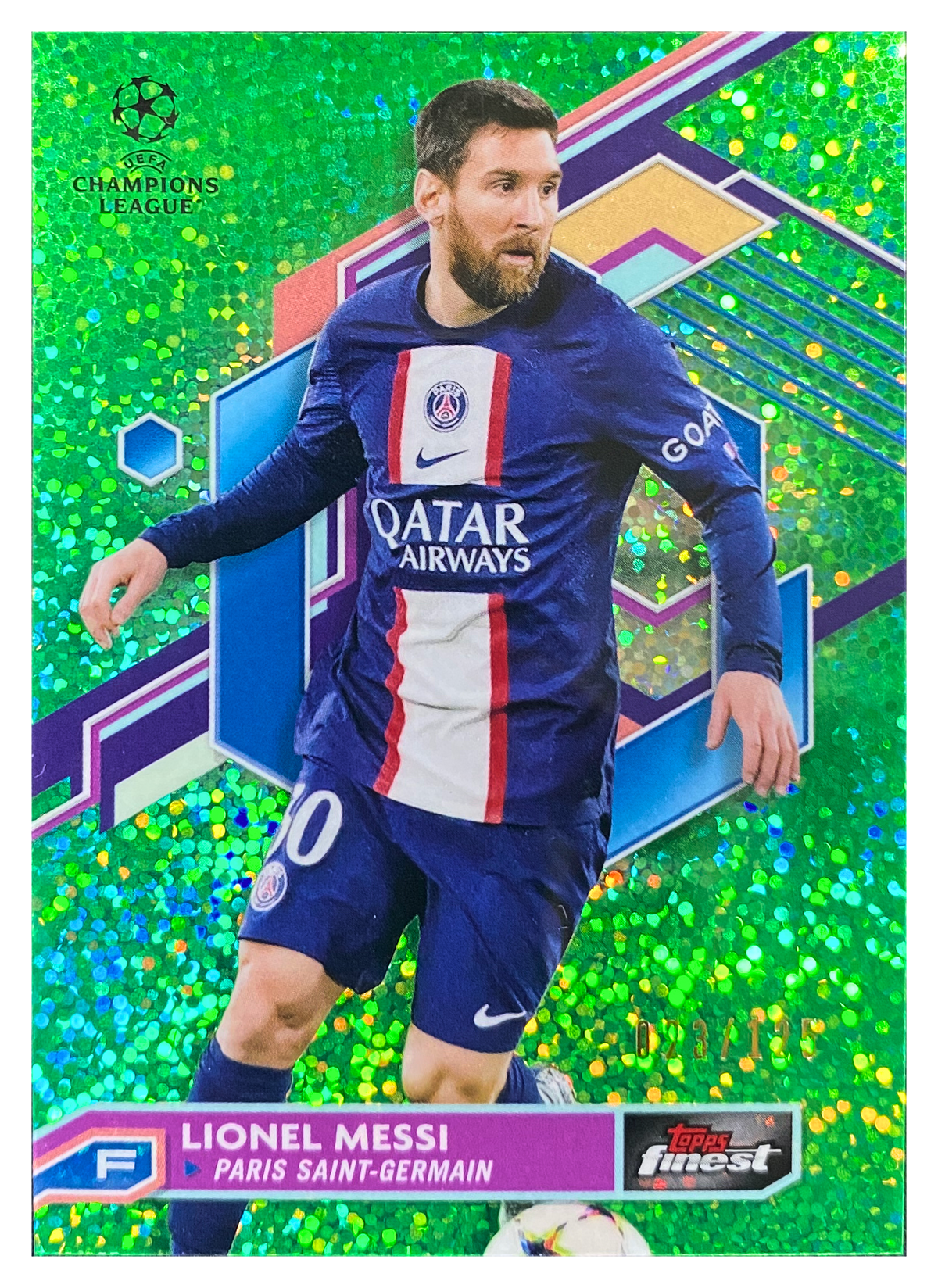LIONEL MESSI - 2022/23 Topps Finest UEFA Club Competitions Green Speckle Refractor #30 /125 - front