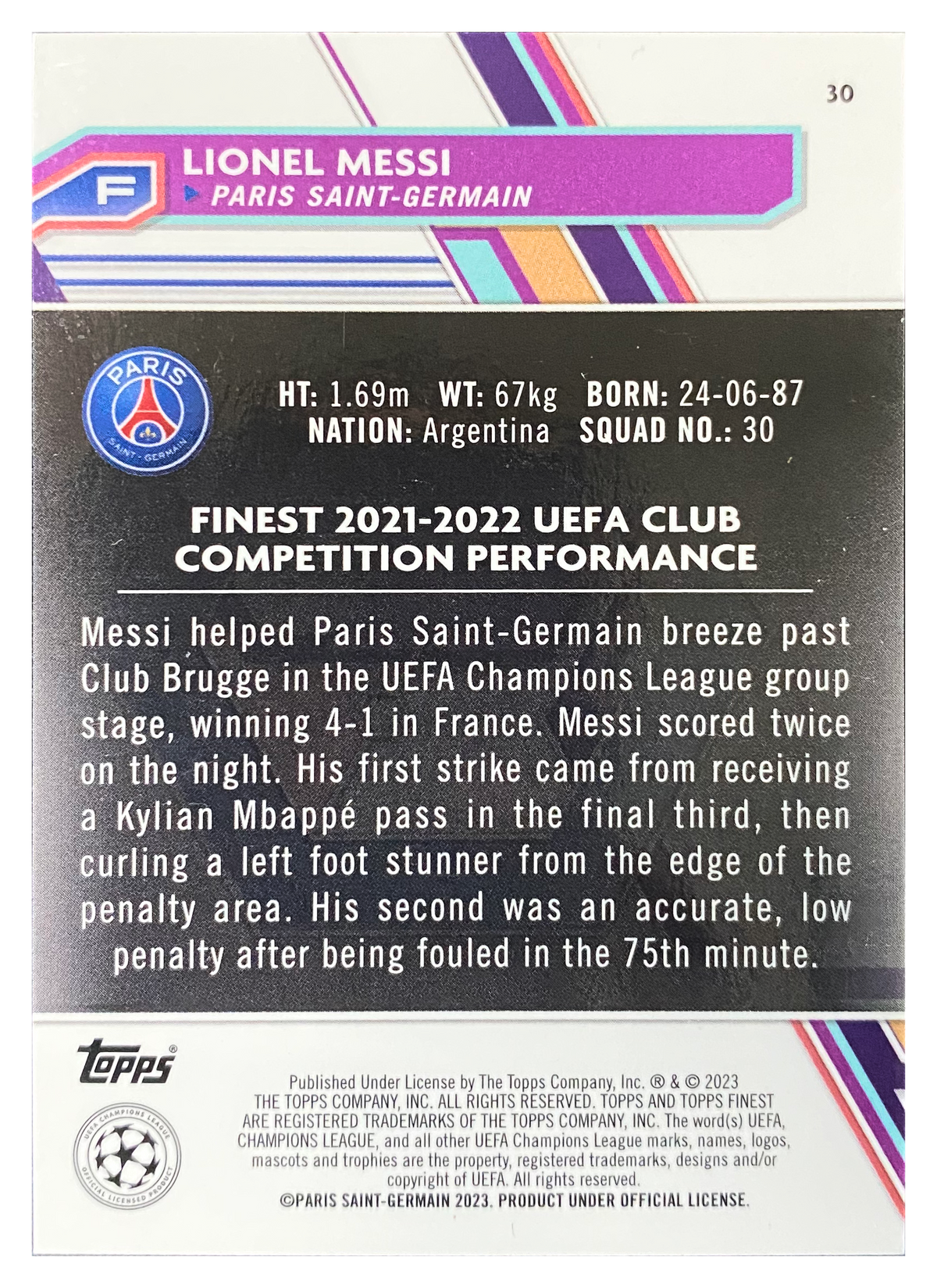 LIONEL MESSI - 2022/23 Topps Finest UEFA Club Competitions Green Speckle Refractor #30 /125 - back