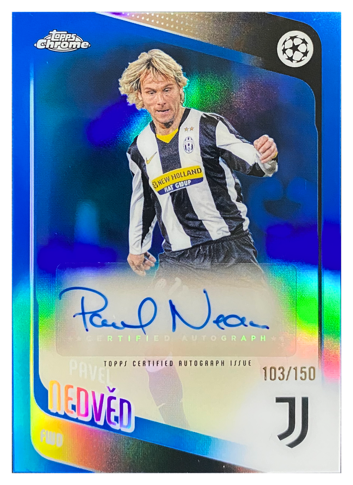 PAVEL NEDVĚD - 2025/26 Topps Chrome UEFA Club Competitions Blue Refractor Auto #CLA-PN /150 - front