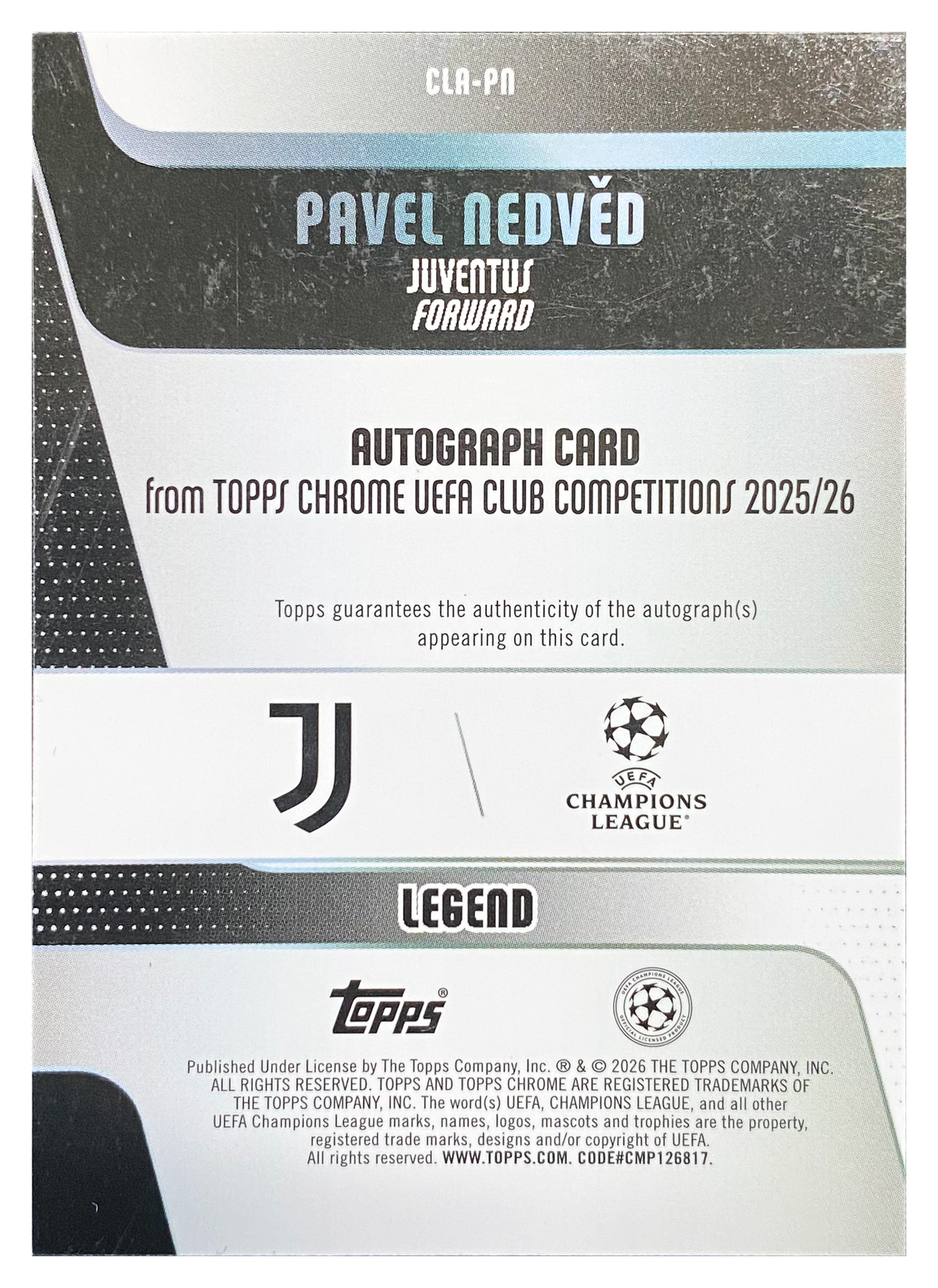 PAVEL NEDVĚD - 2025/26 Topps Chrome UEFA Club Competitions Blue Refractor Auto #CLA-PN /150 - back