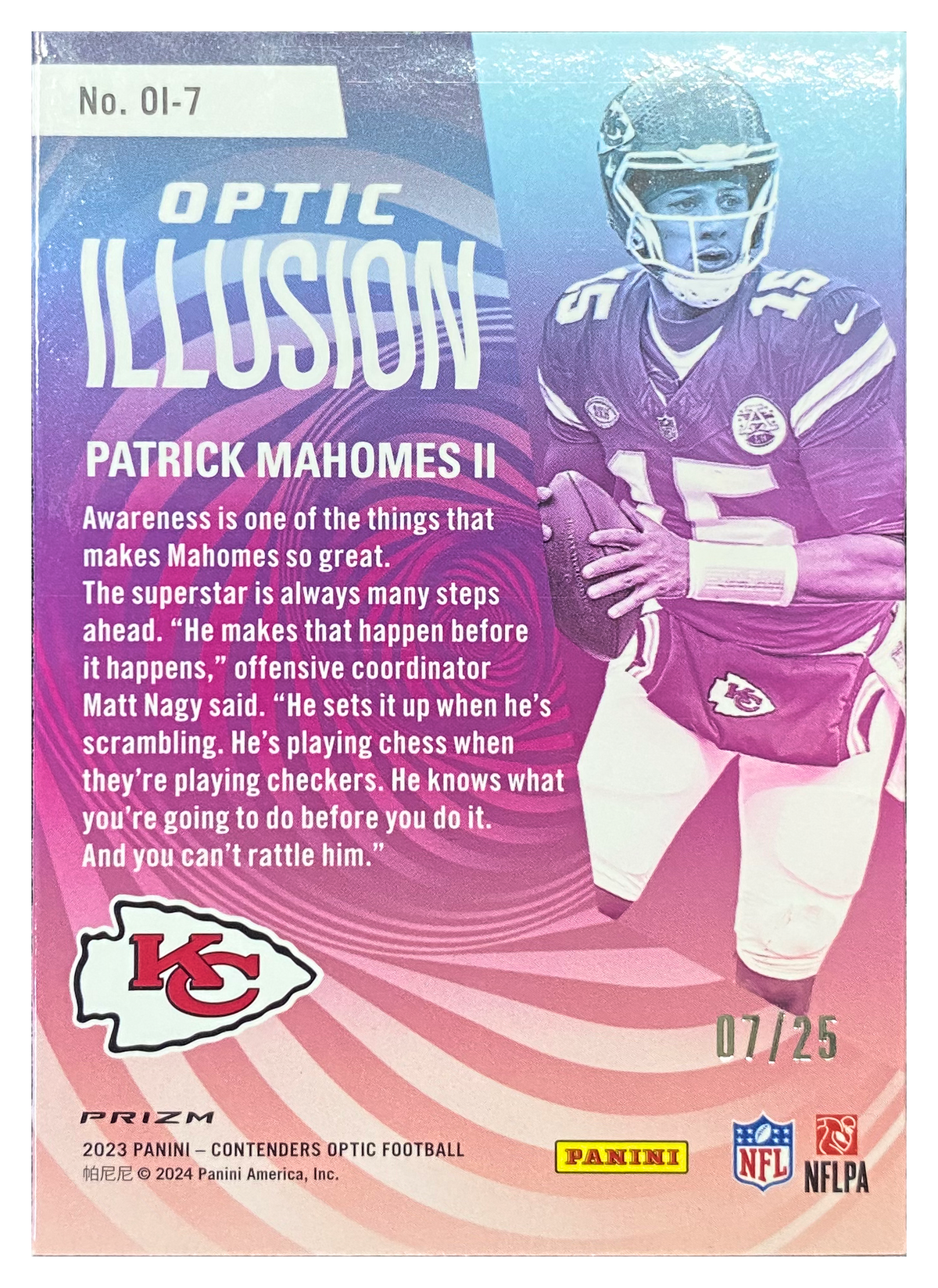 PATRICK MAHOMES II - 2023 Panini Contenders Optic Optic Illusion Black Scope Prizm #OI-7 /25 - back