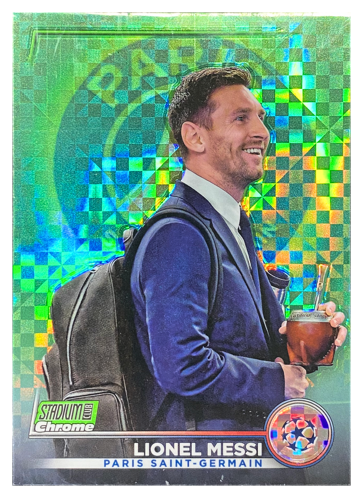 LIONEL MESSI - 2022/23 Topps Stadium Club Chrome UEFA Club Competitions Neon Green X-Fractor #80 /175 - front