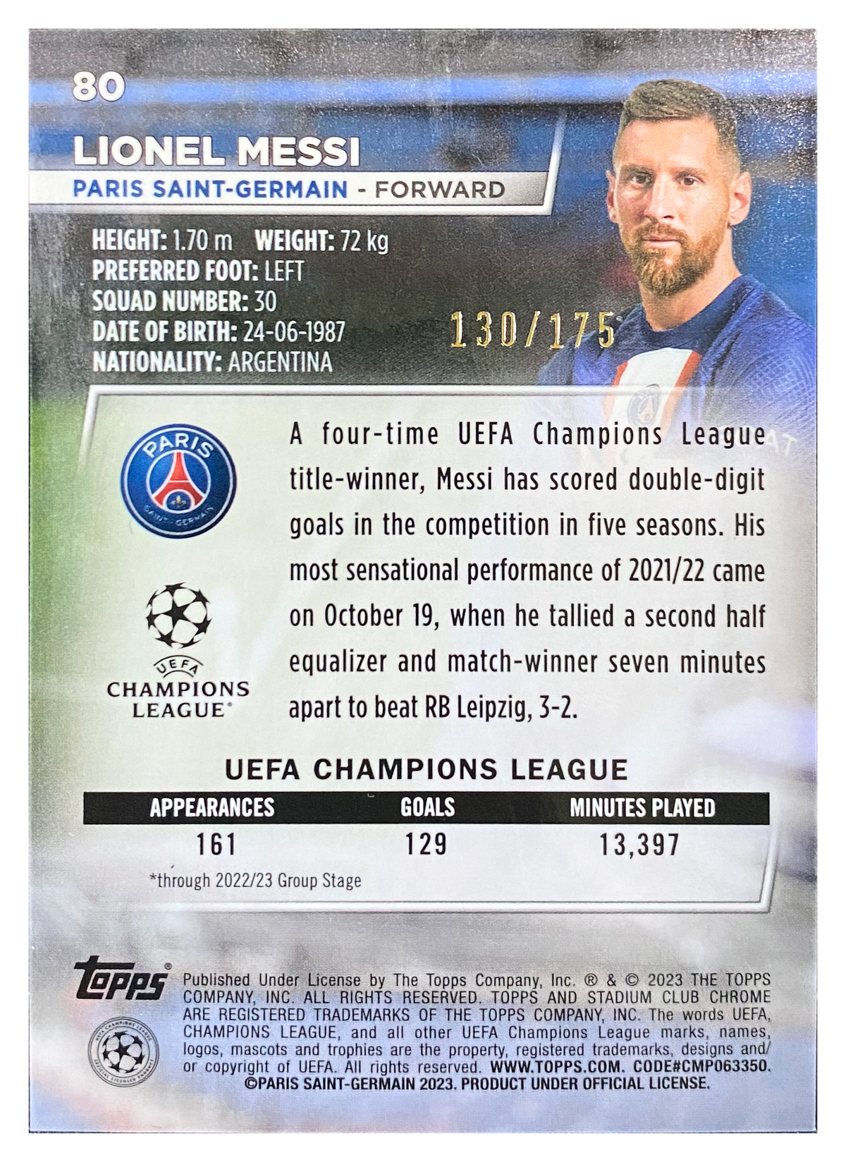 LIONEL MESSI - 2022/23 Topps Stadium Club Chrome UEFA Club Competitions Neon Green X-Fractor #80 /175 - back