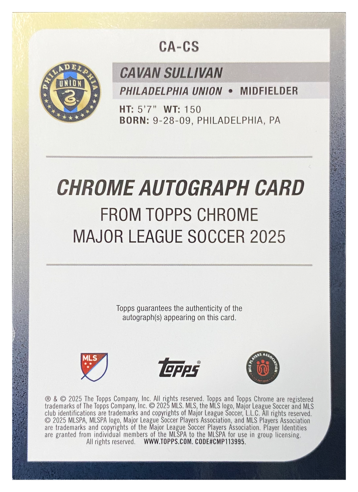 CAVAN SULLIVAN - 2025 Topps Chrome MLS Refractor Auto RC #CA-CS - back