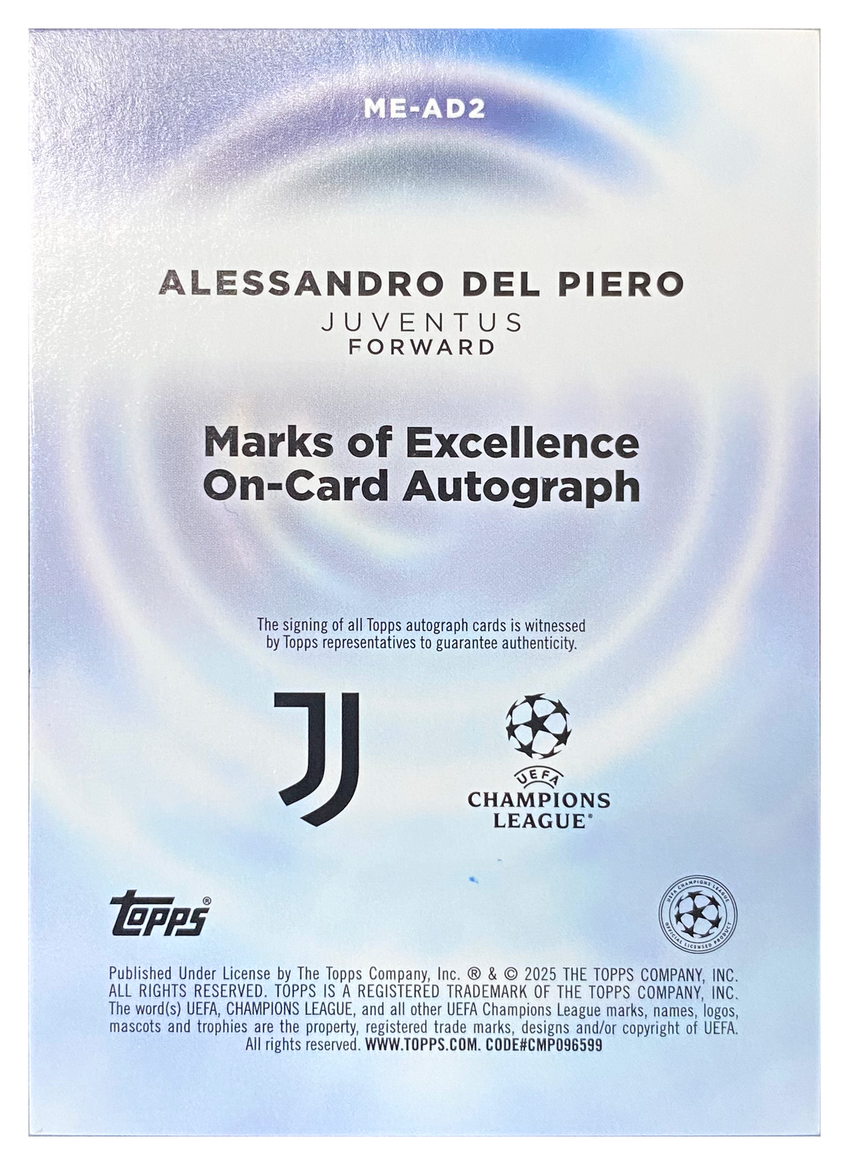 ALESSANDRO DEL PIERO - 2024/25 Topps UEFA Club Competitions Marks of Excellence Orange Auto #ME-AD2 /25 - back