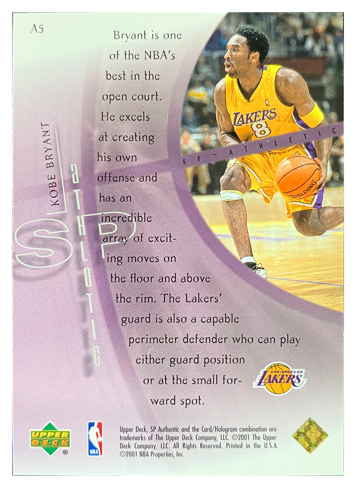 KOBE BRYANT - 2000/01 Upper Deck SP Authentic Athletic #A5 - back