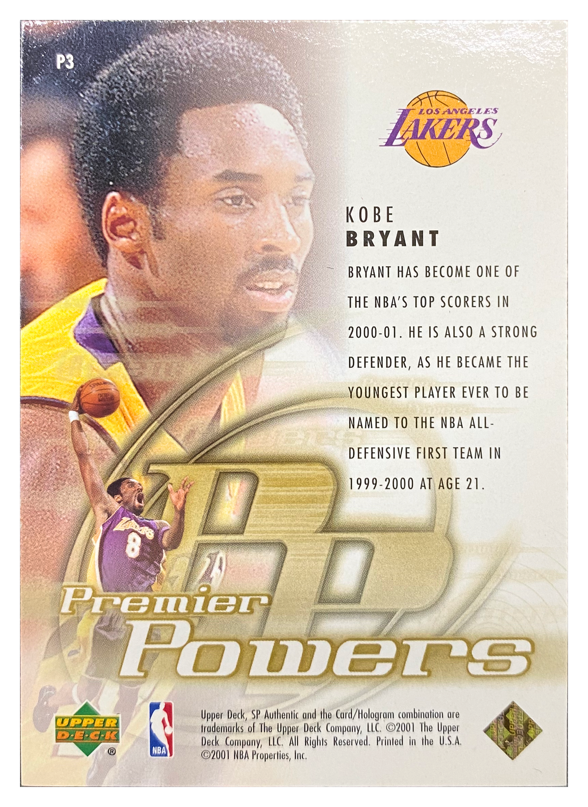 KOBE BRYANT - 2000/01 Upper Deck SP Authentic Premier Powers #P3 - back