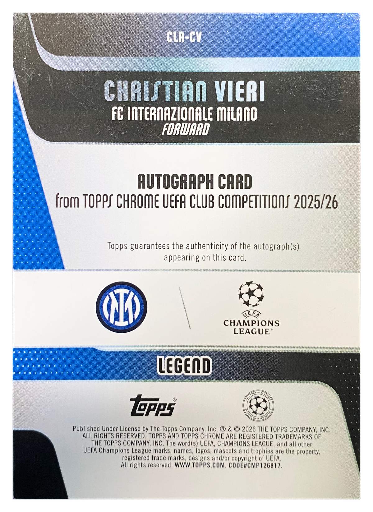 CHRISTIAN VIERI - 2025/26 Topps Chrome UEFA Club Competitions Red Refractor Auto #CLA-CV /5 - back