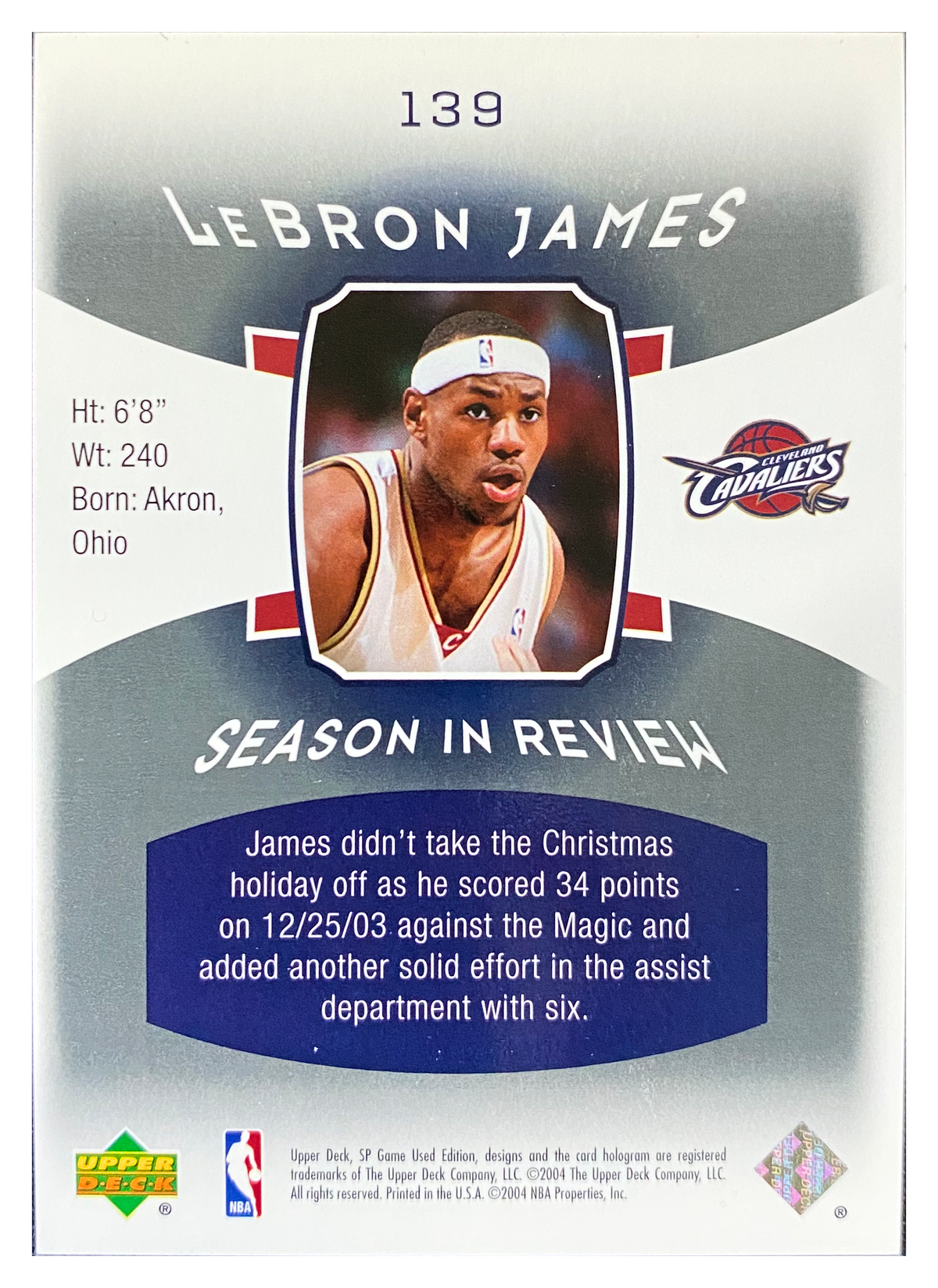 LEBRON JAMES - 2004/05 Upper Deck SP Game Used Season in Review #139 /999 - back