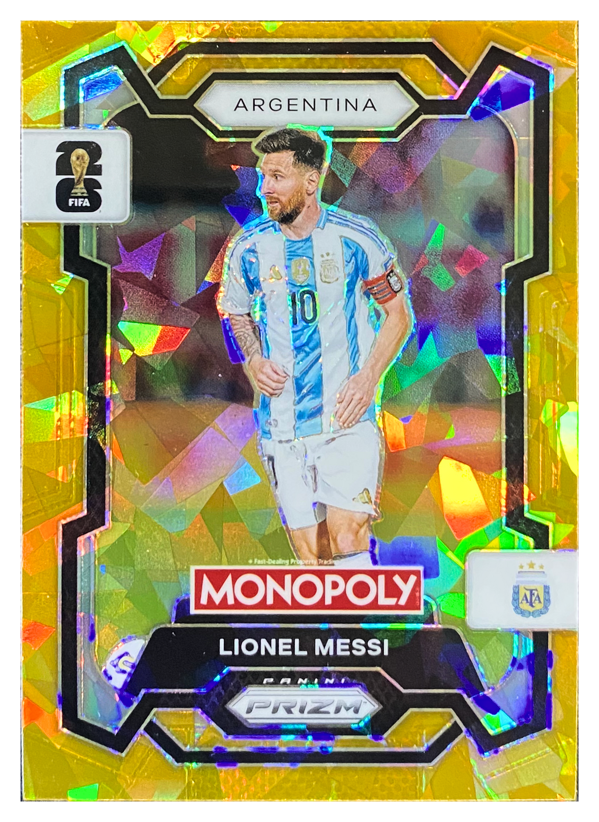 LIONEL MESSI - 2026 Panini Prizm Monopoly FIFA World Cup Gold Cracked Ice #1 - front