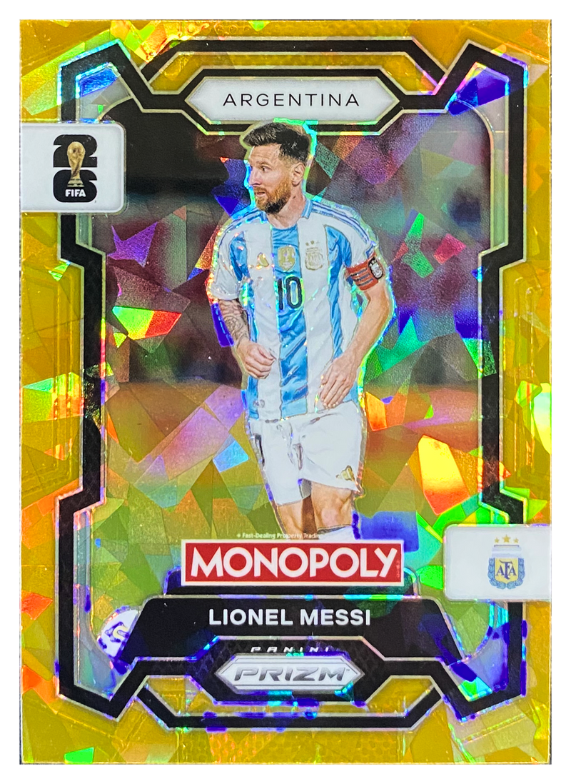 LIONEL MESSI - 2026 Panini Prizm Monopoly FIFA World Cup Gold Cracked Ice #1 - front