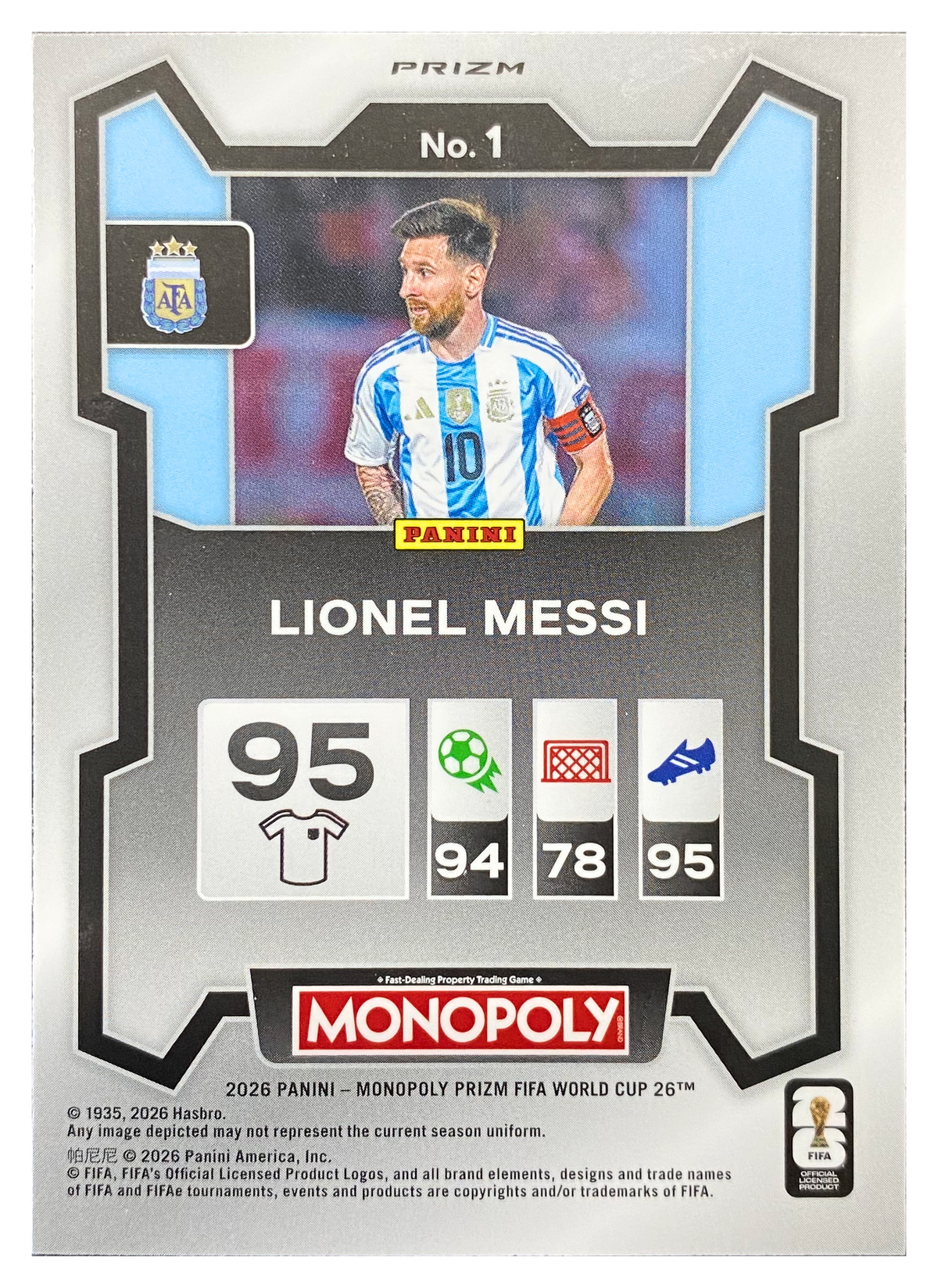 LIONEL MESSI - 2026 Panini Prizm Monopoly FIFA World Cup Gold Cracked Ice #1 - back