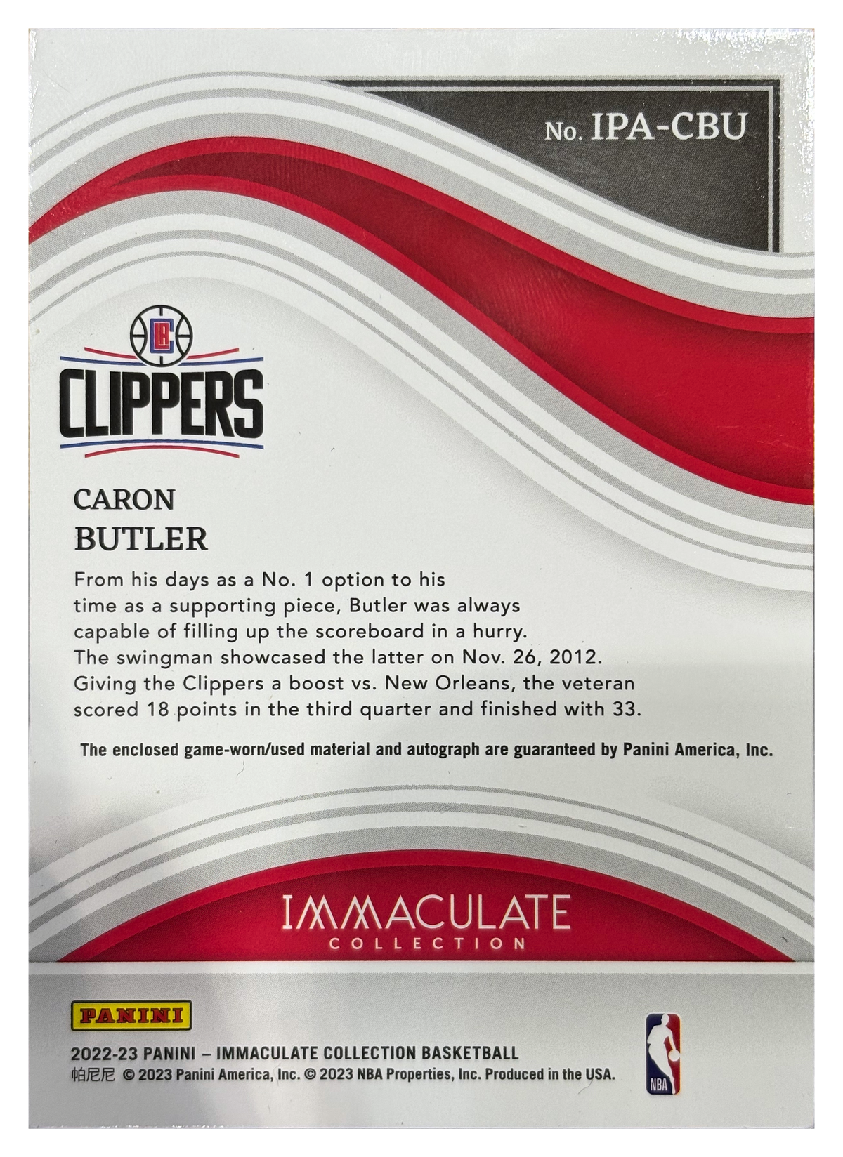 Caron Butler — 2022/23 Panini Immaculate Collection Patch Auto #IPA-CBU /10 - retro