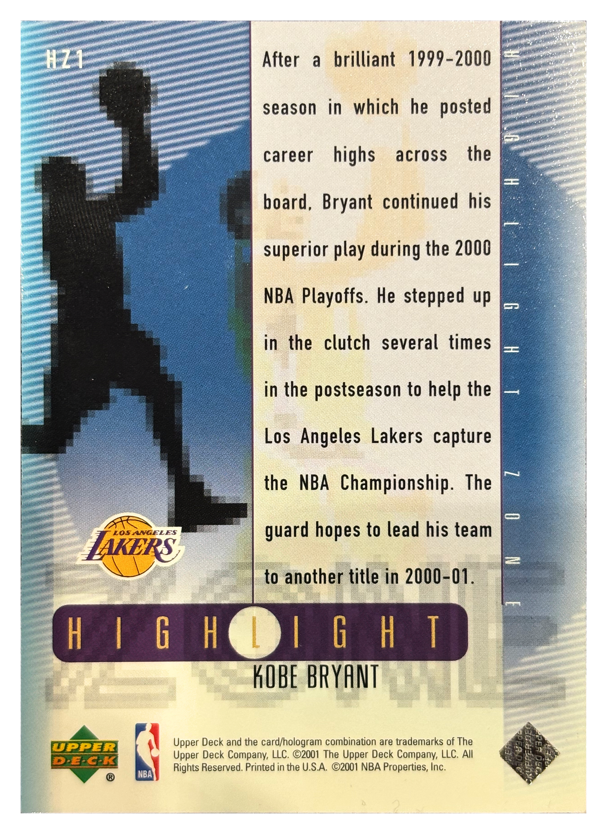 Kobe Bryant — 2000/01 Upper Deck Highlight Zone #HZ1 - retro