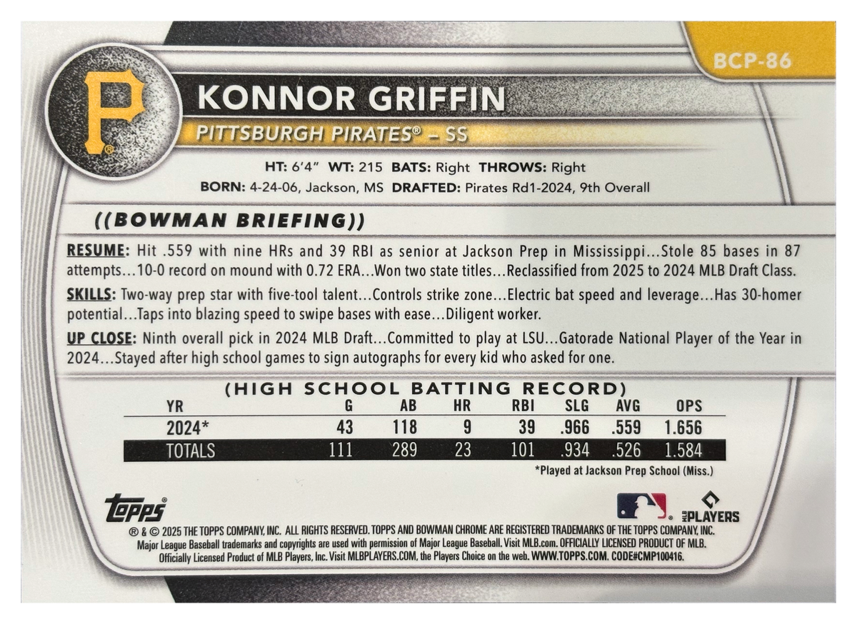 Konnor Griffin — 2025 Bowman Chrome Prospects Orange Shimmer Refractor #BCP-86 /25 - retro