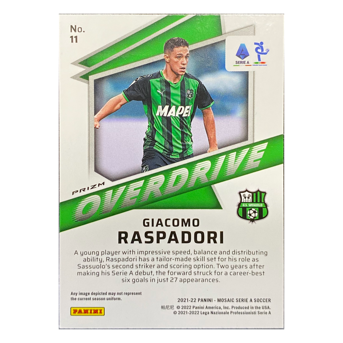 GIACOMO RASPADORI - 2021/22 Panini Mosaic Serie A Overdrive Mosaic Prizm RC #11 - back