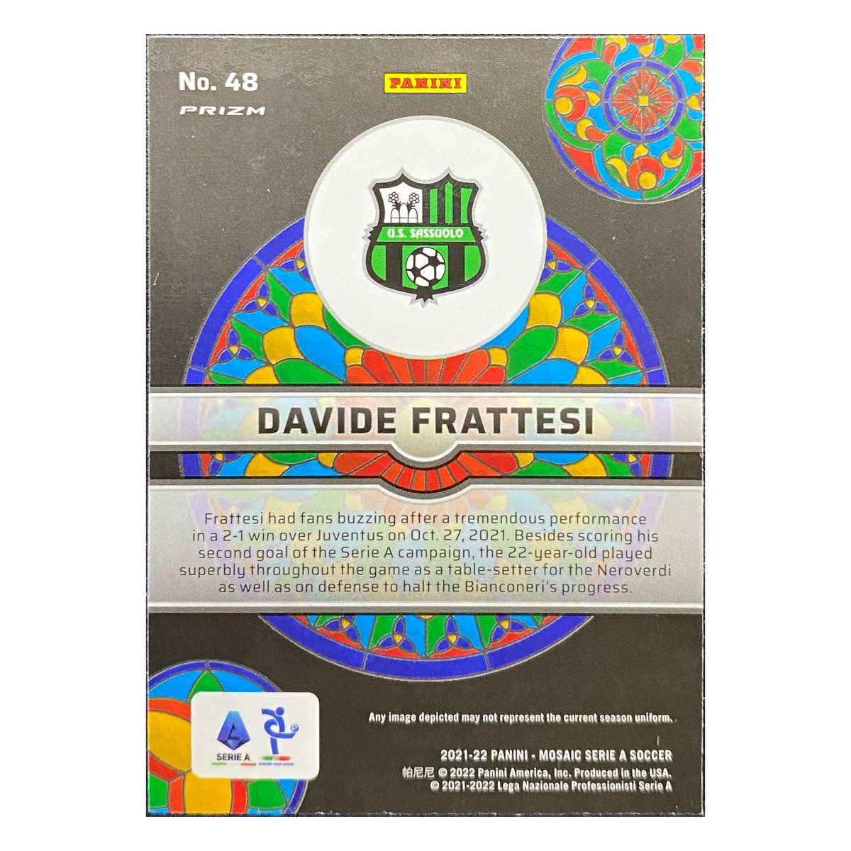 DAVIDE FRATTESI - 2021/22 Panini Mosaic Serie A Stained Glass Mosaic Prizm RC #48 - back