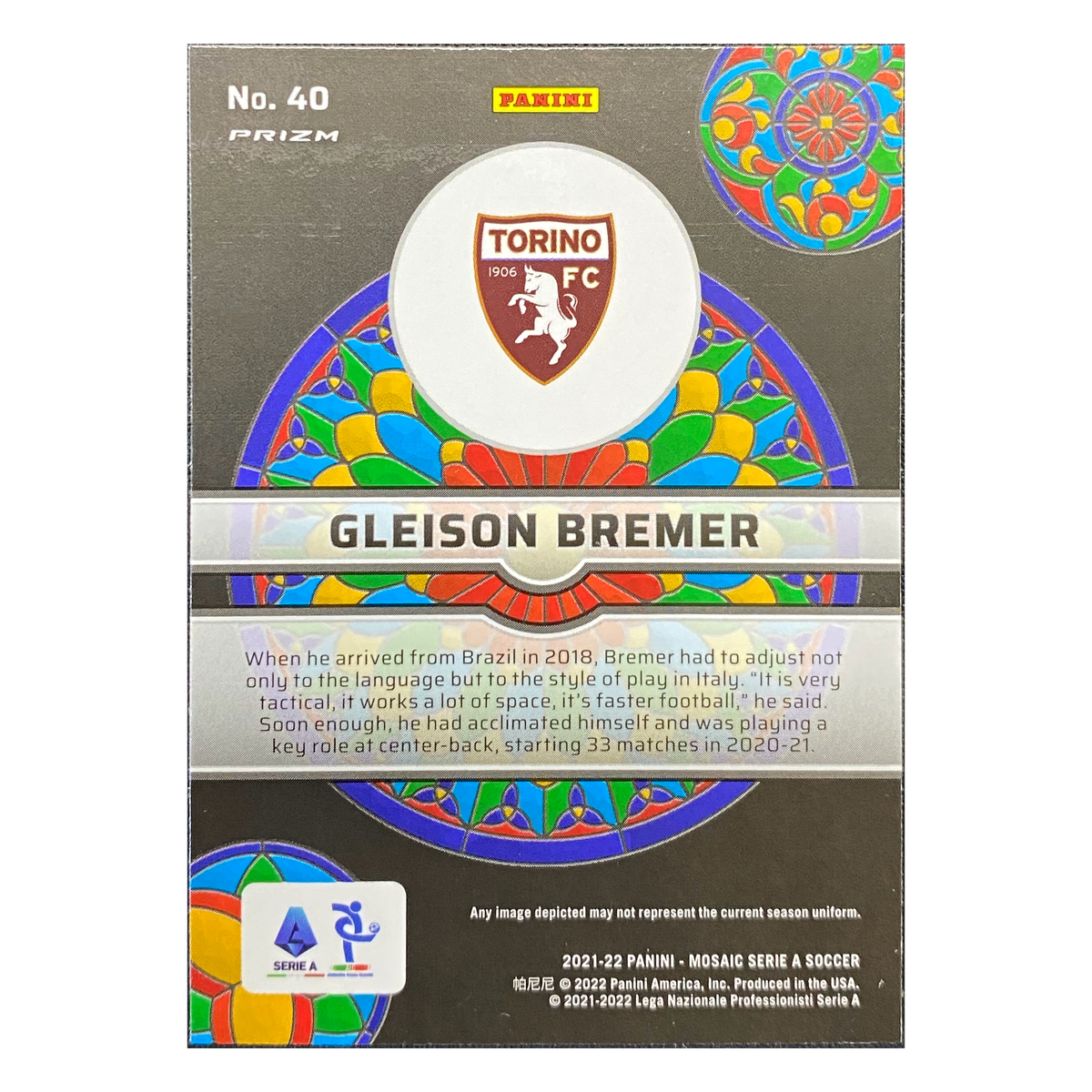 GLEISON BREMER - 2021/22 Panini Mosaic Serie A Stained Glass Mosaic Prizm #40 - back