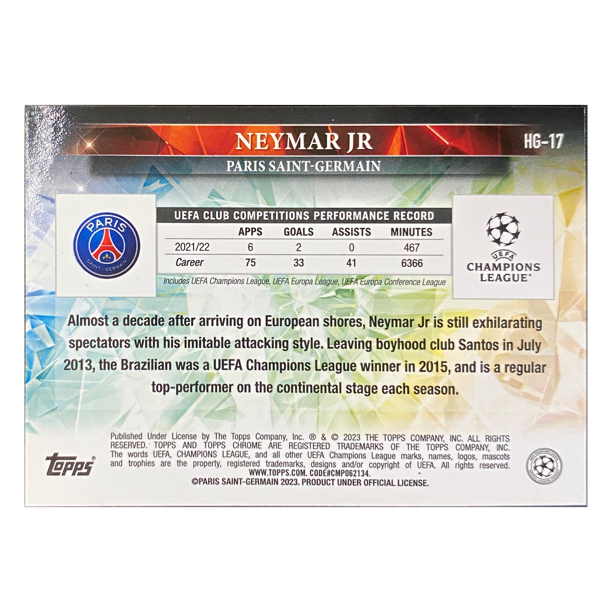NEYMAR JR. - 2022/23 Topps Chrome UEFA Hidden Gems #HG-17 - back