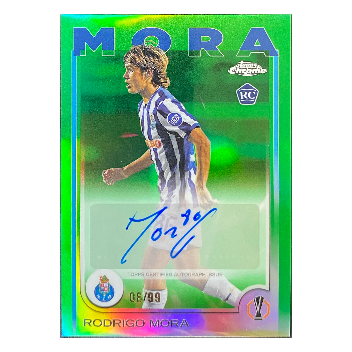 RODRIGO MORA - 2024/25 Topps Chrome UEFA Green Refractor Auto RC #CA-MR /99 - front