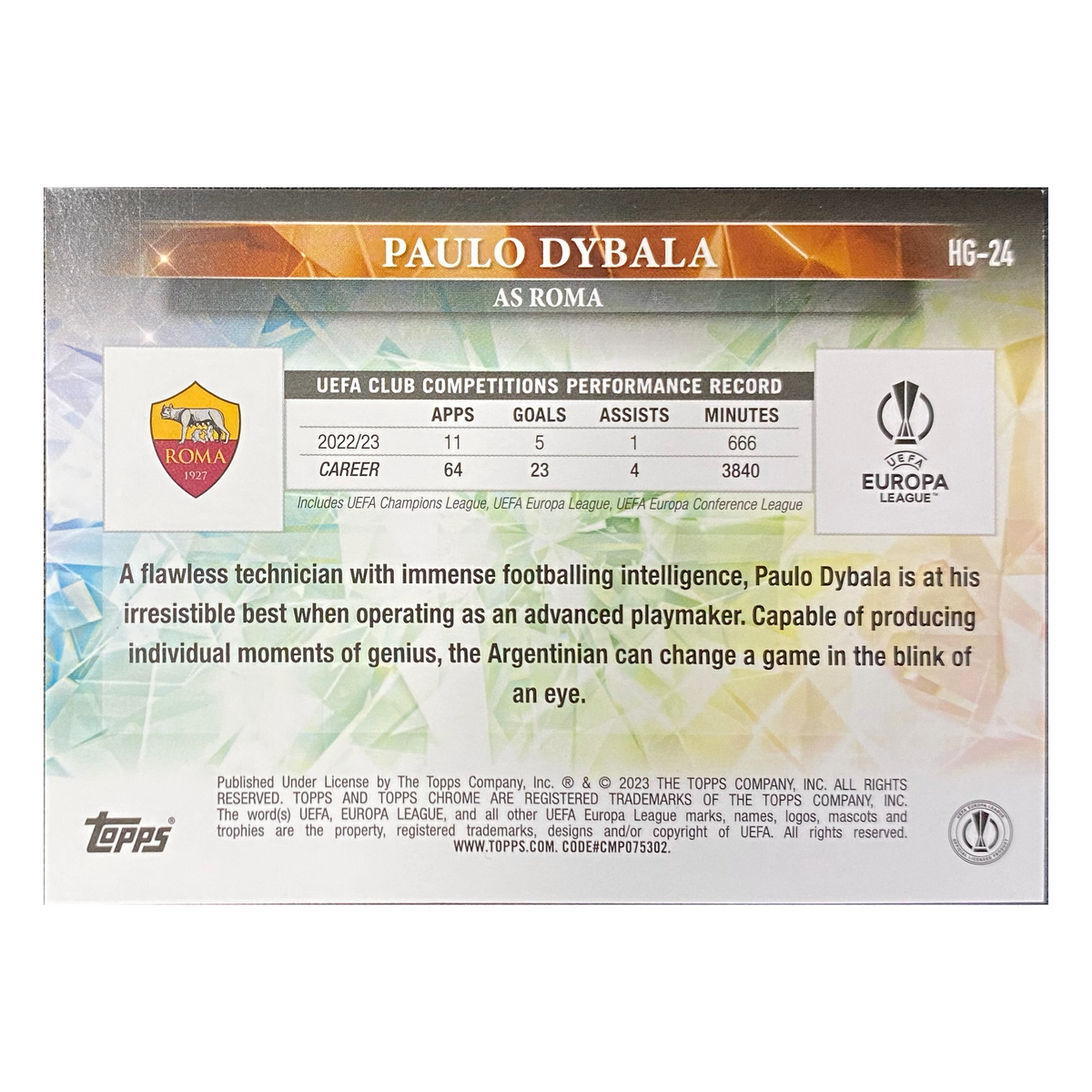 PAULO DYBALA - 2023/24 Topps Chrome UEFA Hidden Gems #HG-24 - back
