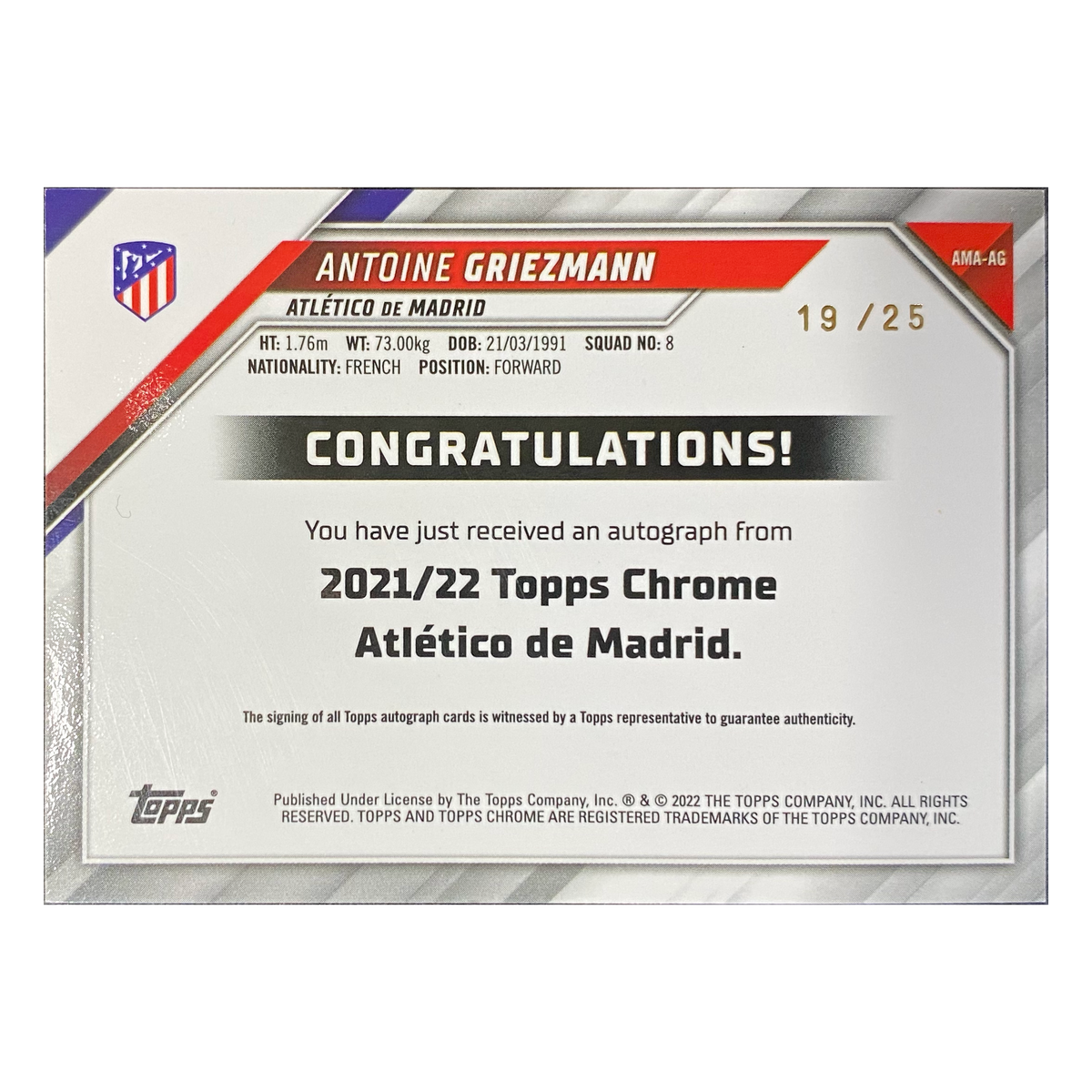 ANTOINE GRIEZMANN - 2021/22 Topps Chrome Atletico de Madrid Auto #AMA-AG /25 - back