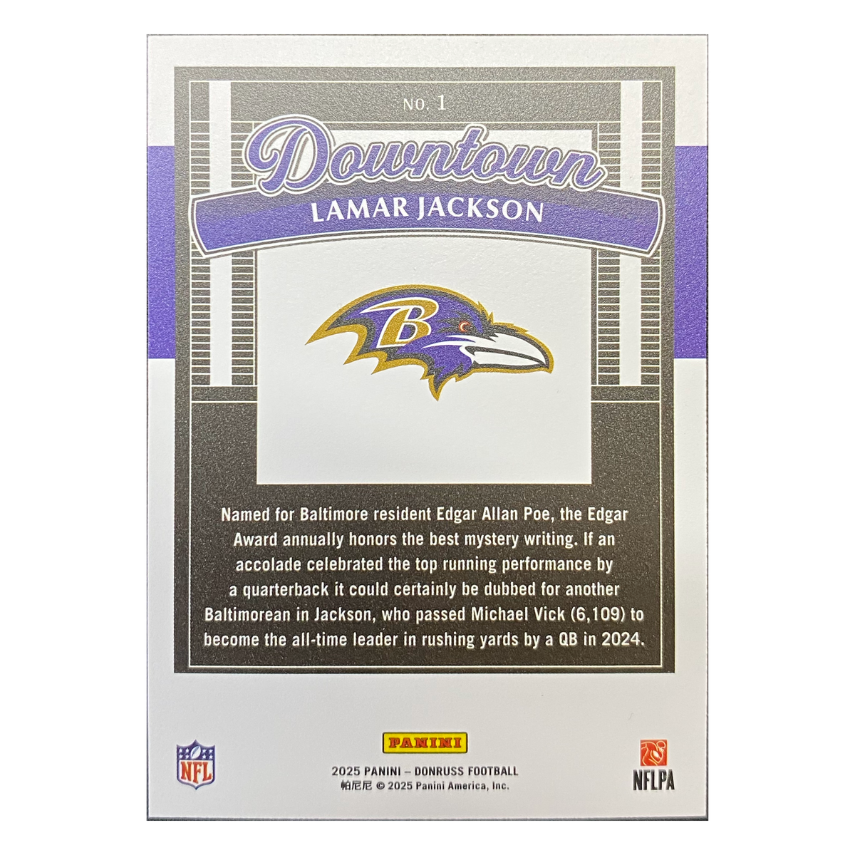 LAMAR JACKSON - 2025 Panini Donruss Downtown #1 - back