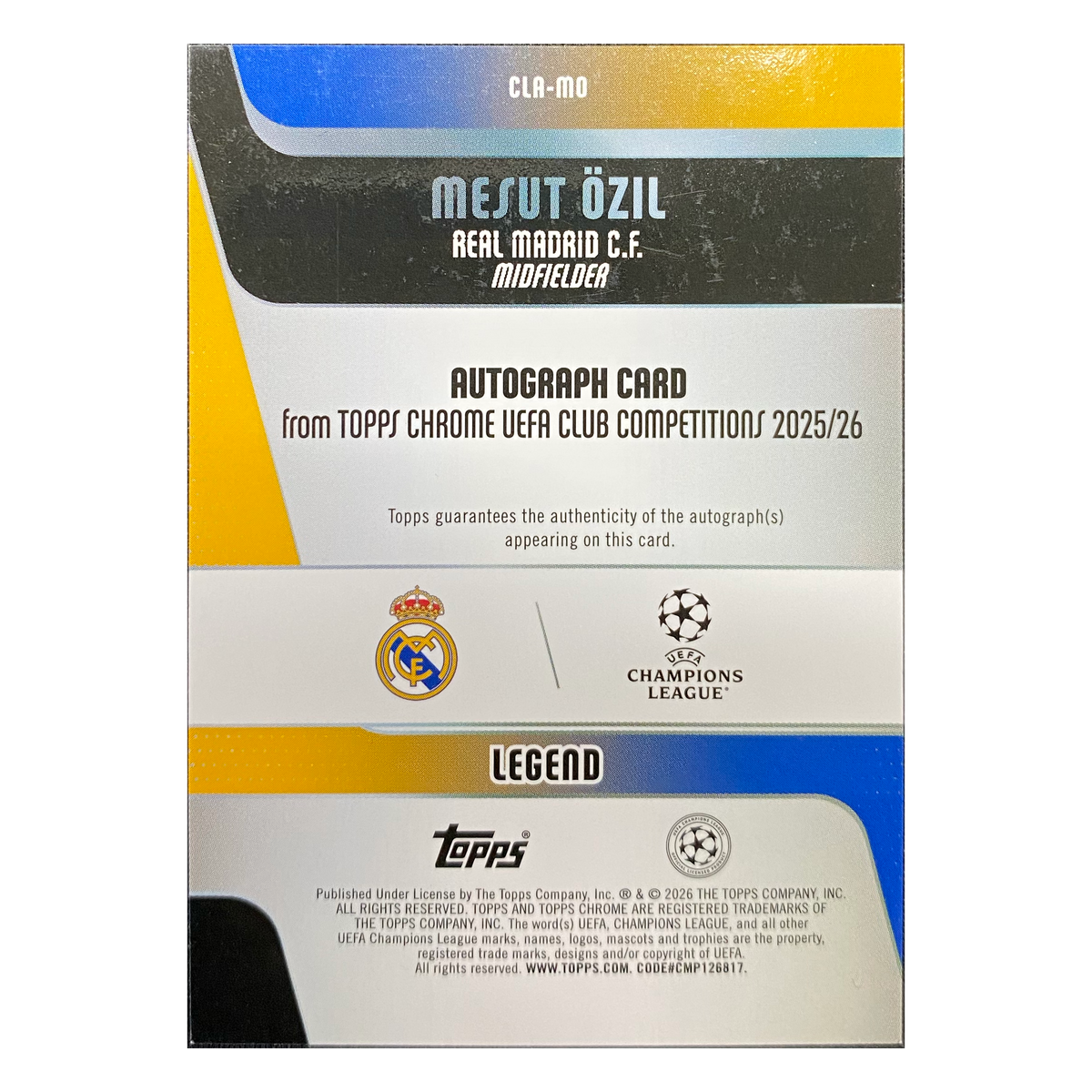 MESUT ÖZIL - 2025/26 Topps Chrome UEFA Blue Refractor Auto #CLA-MO /150 - back