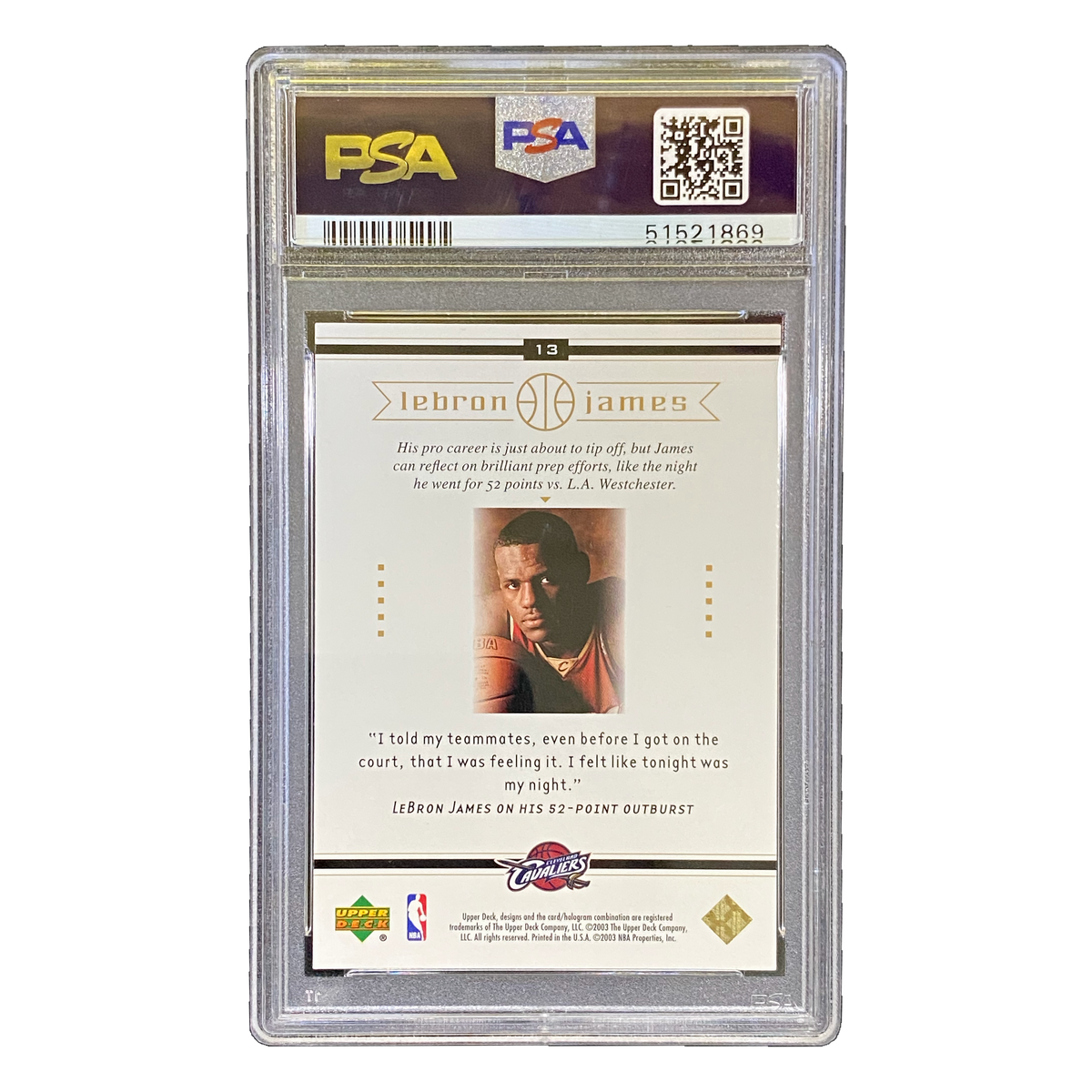 LEBRON JAMES - 2003/04 Upper Deck Box Set RC #13 PSA 10 - back