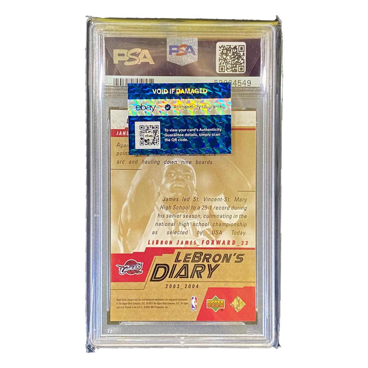 LEBRON JAMES - 2003/04 Upper Deck LeBron's Diary RC #LJ3 PSA 10 - back