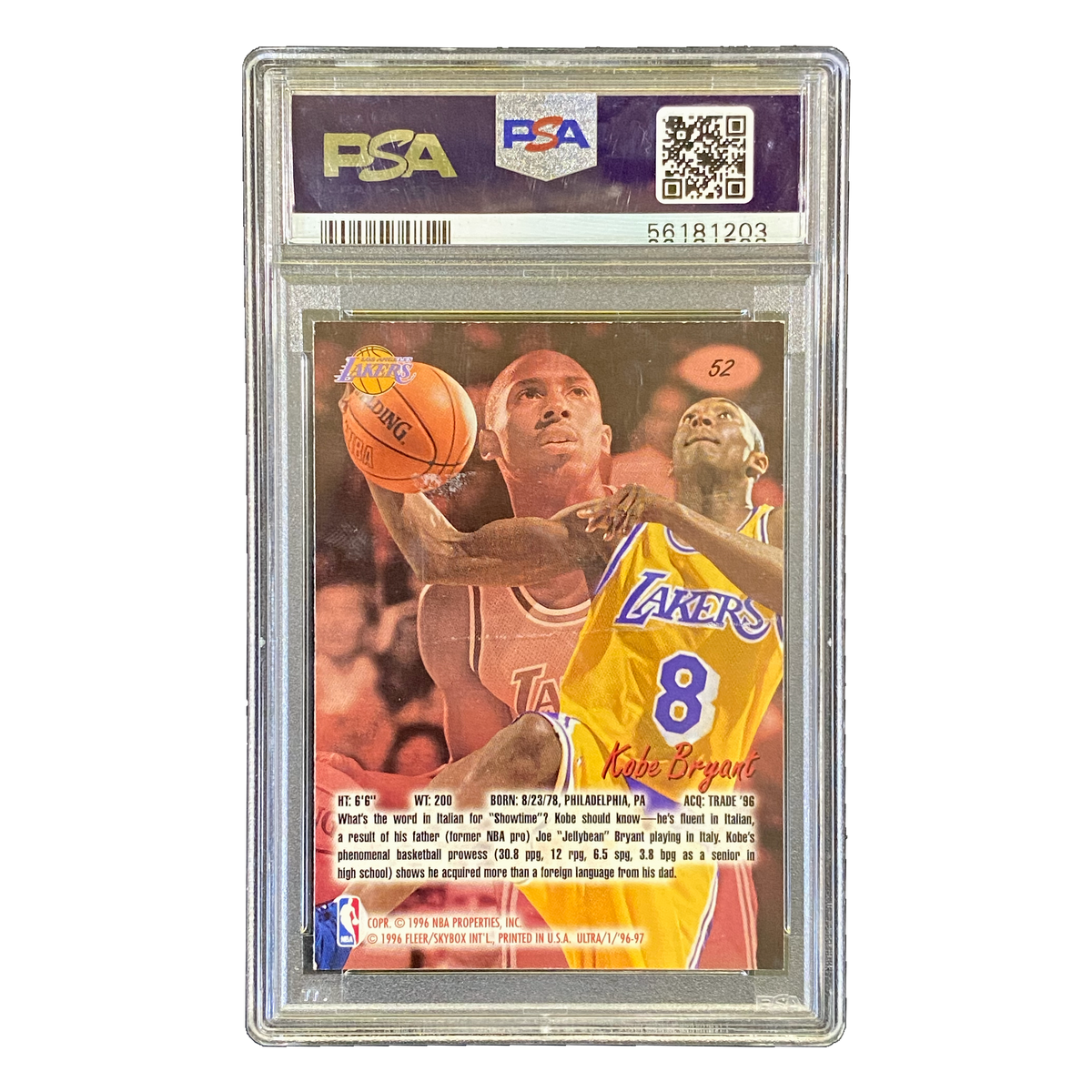 KOBE BRYANT - 1996/97 Fleer Ultra RC #52 PSA 8 - back