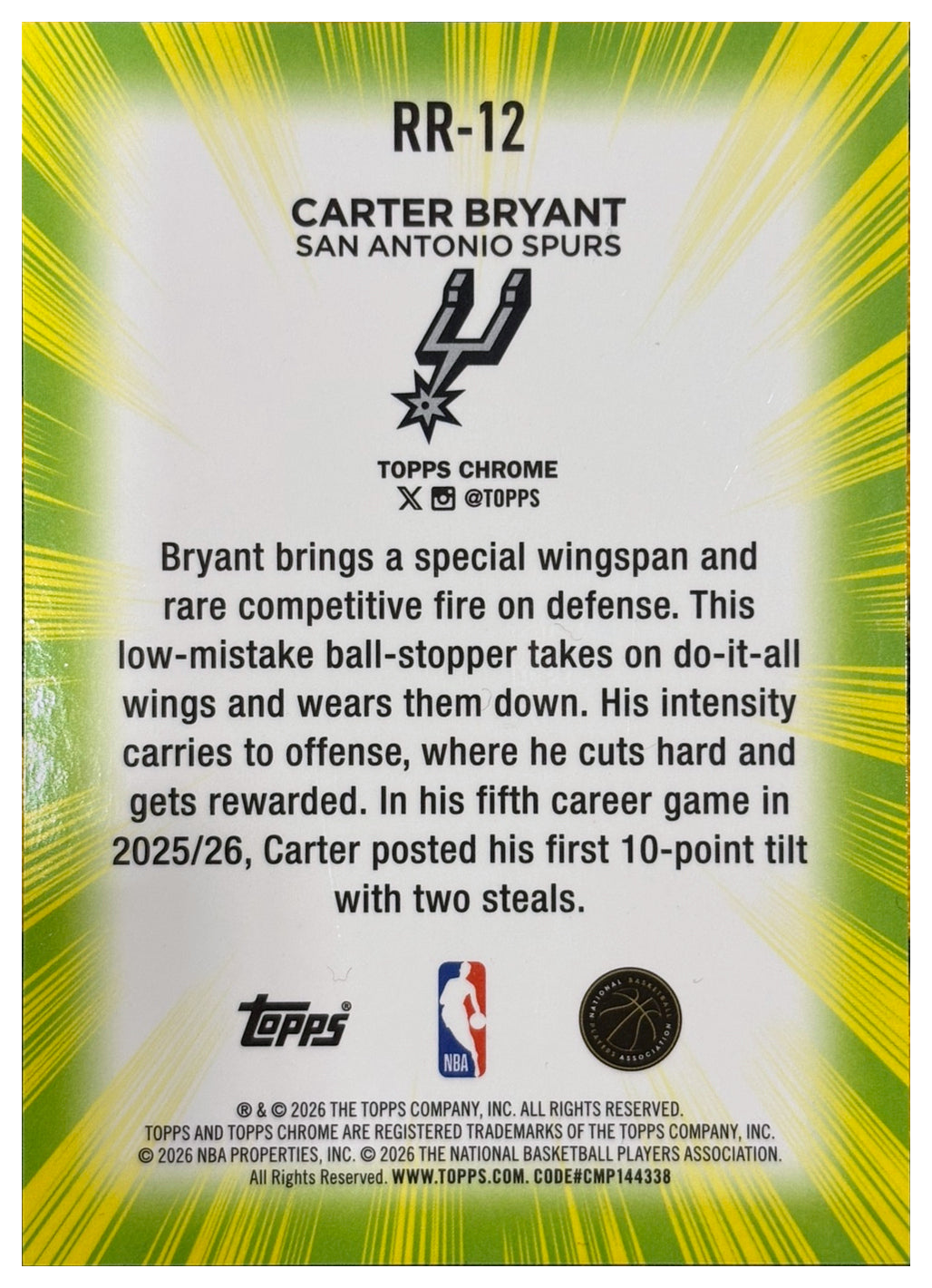 CARTER BRYANT - 2025/26 Topps Chrome Update NBA Radiating Rookies RC #RR-12 - retro