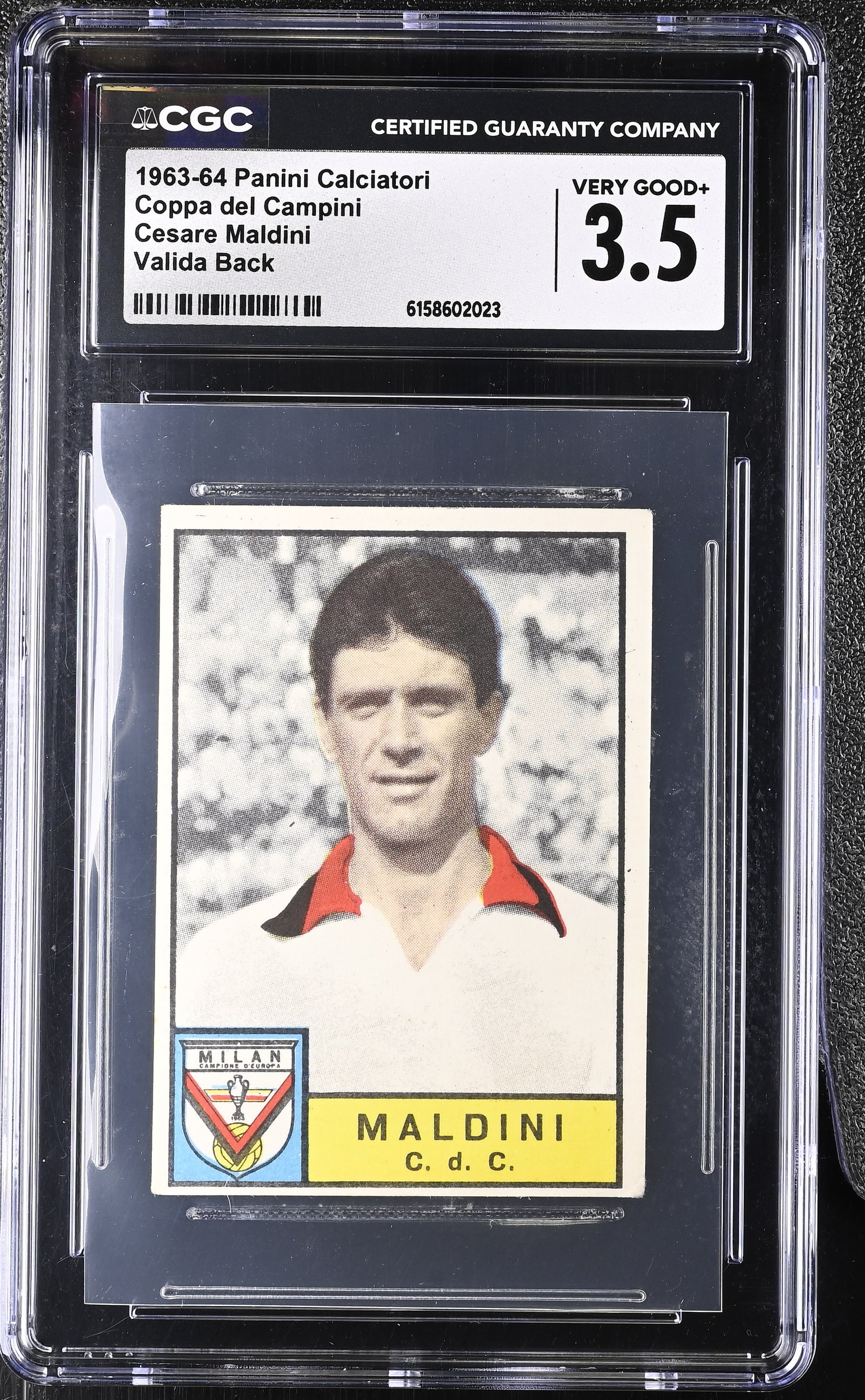 Cesare Maldini 1963/64 Panini Calciatori Coppa dei Campioni, Valida Back, CGC 3.5 - fronte