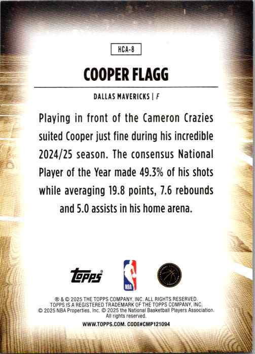 Cooper Flagg 2025/26 Topps Home Court RC #HCA-8 - back