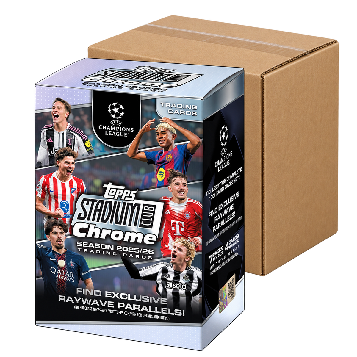 2025/26 Topps Stadium Club Chrome UCL Value Case — 40 Boxes (PRE-ORDER) — illustrative plain case carton